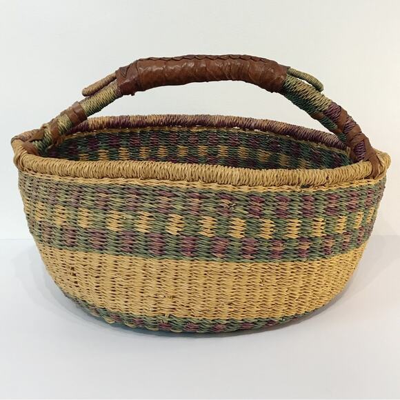 Vintage Other - Large Vintage African BOLGA Basket Hand Woven Leather Wrapped Handle Market Shop